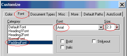 Customize window, Font tab